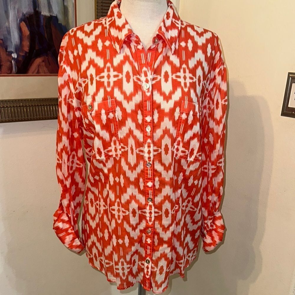 Chico’s Orange/White Patterned Button-Up Shirt Size Large-3